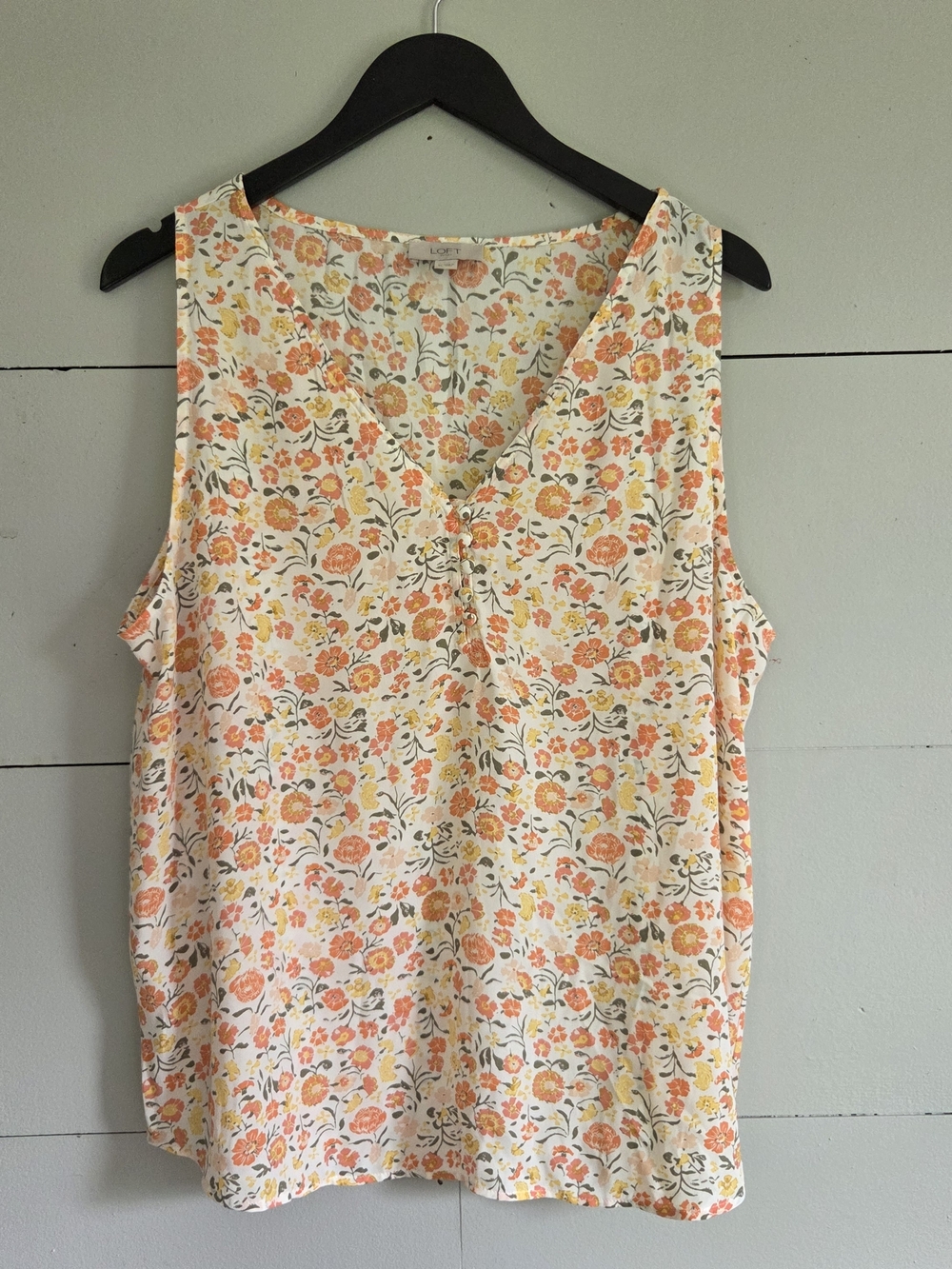 LOFT Outlet Floral Sleeveless V-Neck Blouse White Orange Yellow Women XL